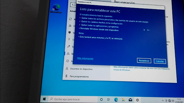Restablecer de fábrica sistema operativo Windows 10