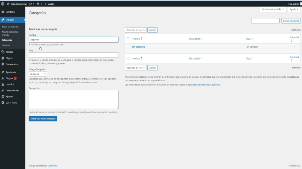 Crear una categoría en WordPress