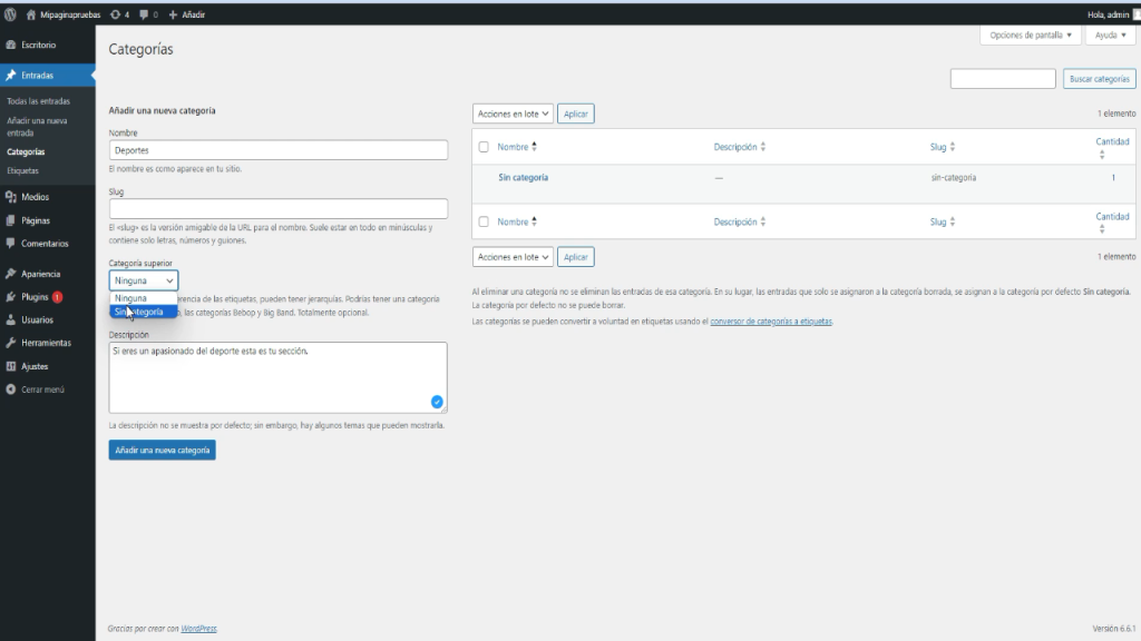 Crear una categoría en WordPress