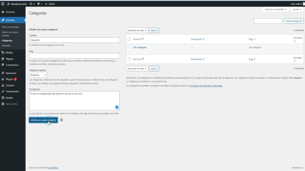Crear una categoría en WordPress