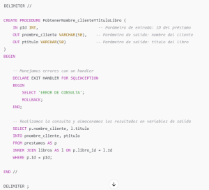 Procedimiento PobtenerNombre_clienteYTituloLibro()<div class=