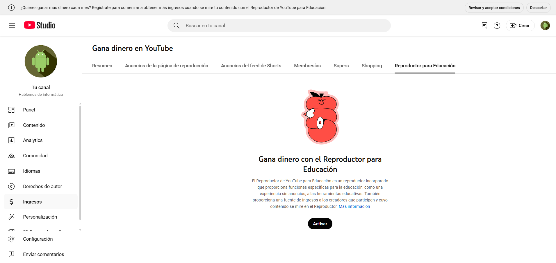 Gana dinero con el reproductor para educación en YouTube Studio Gana dinero con el reproductor para educación en YouTube Studio