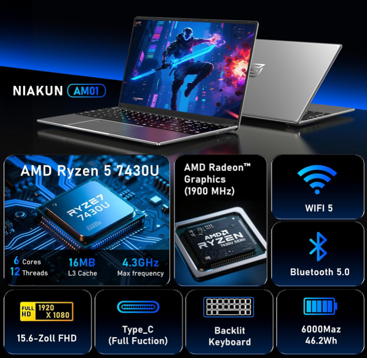 FUNYET Portátil Gaming 15.6” R5-7430U: Opiniones, características y oferta en Amazon