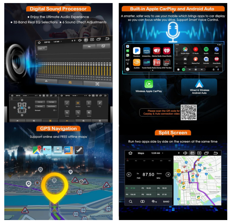 Radio de Coche con GPS, CarPlay y Android Auto - Erisin 8-Core Android 14 
