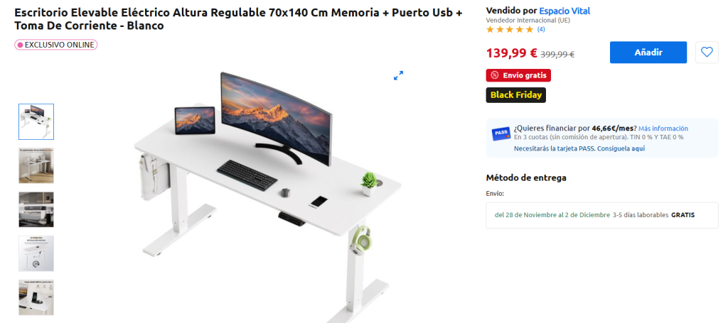 Escritorio elevable eléctrico 70x140 cm – Blanco con USB y memoria
