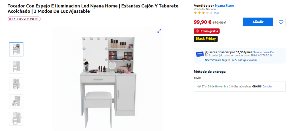 Tocador con espejo y luz LED Nyana Home